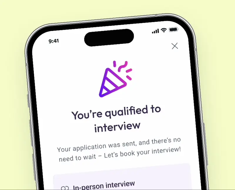 Mobile app interface showing one-tap job applications and instant interview scheduling